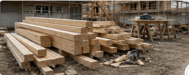 Loose timber stacked on a muddy construction site