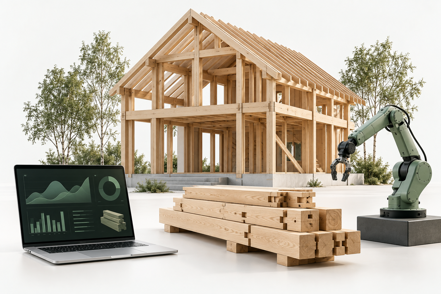 Timber house, laptop, wood components and industrial robot representing the Woodstock Eco System