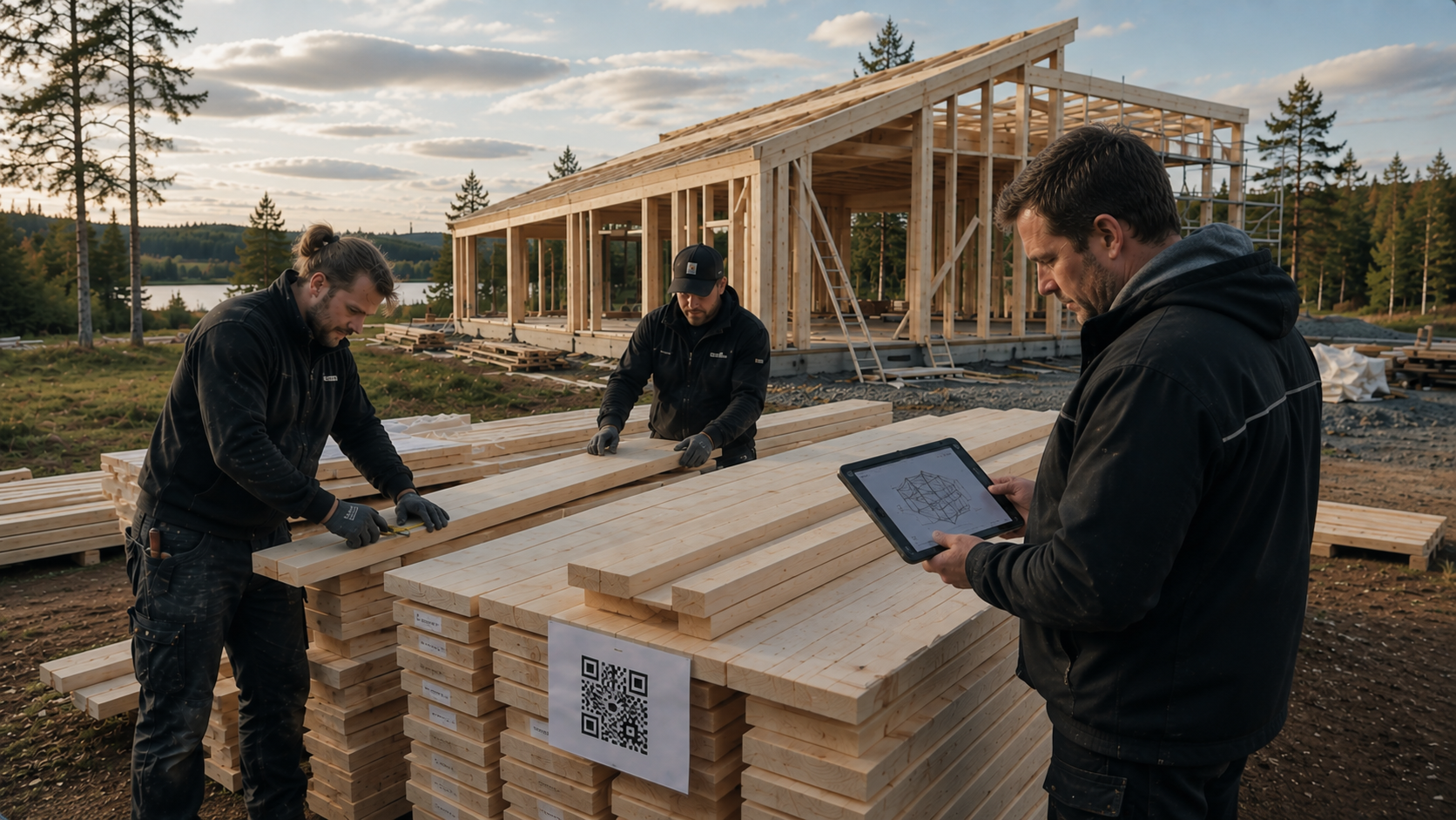 Woodstock building kit: ID-marked, pre-cut timber packed on pallets ready for assembly