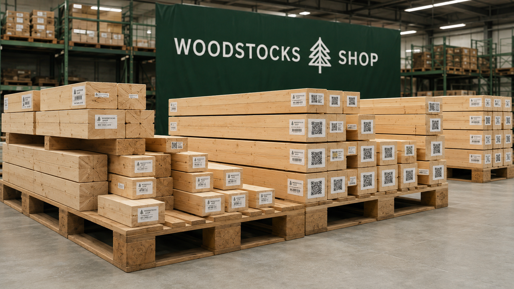WoodStocks Shop delivery truck with branded green trailer