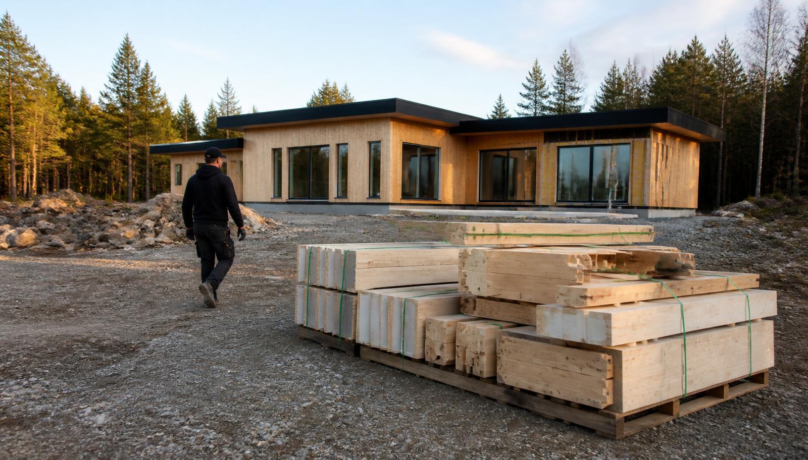 Timber house under construction with a packed pallet of components in the foreground