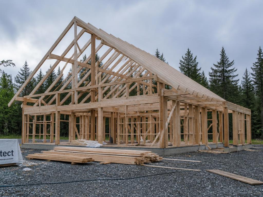 Timber frame house shell (raw house) built through the WoodStocks system